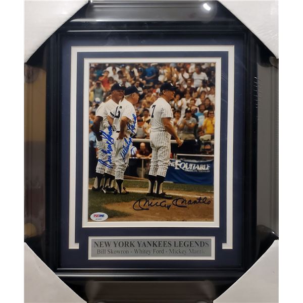 MICKEY MANTLE, WHITEY FORD, BRUCE SKOWRON TRIPLE SIGNED FRAMED DISPLAY ( PSA LOA)