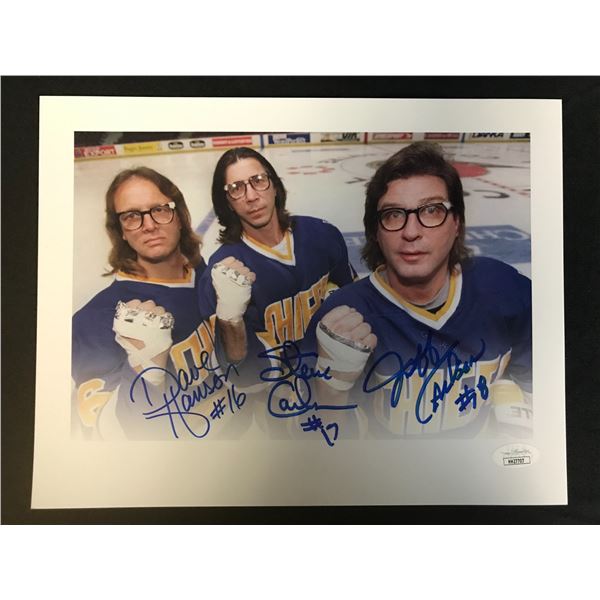 SLAPSHOT'S THE HANSON BROTHERS TRIPLE SIGNED 8 X 10 ( JSA COA)