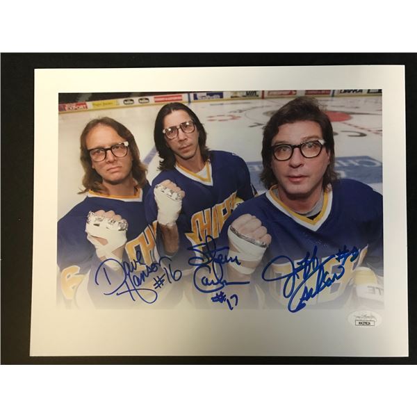 SLAPSHOT'S THE HANSON BROTHERS TRIPLE SIGNED 8 X 10 ( JSA COA)