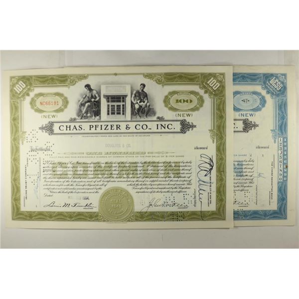 2 VINTAGE STOCK CERTS, CHAS. PFIZER & COMPANY