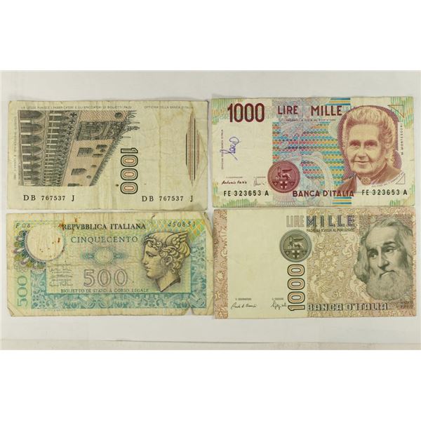 4 PIECES OF ITALIAN CURRENCY 1-500 (1974) LIRE & 3