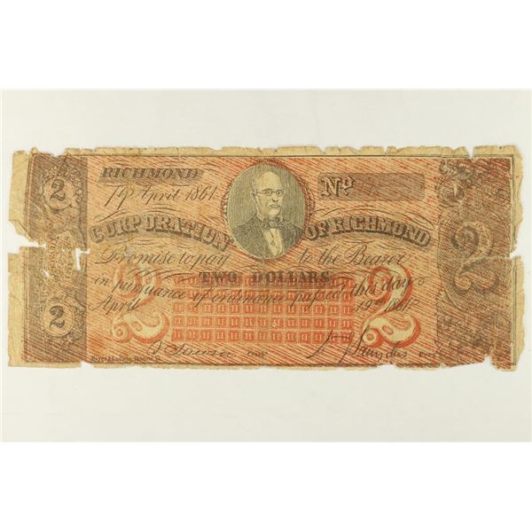 1861-CORPORATION OF RICHMOND $2 OBSOLETE BANK NOTE