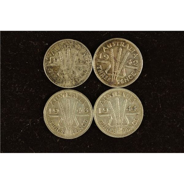1938, 1942, 1943 & 1944 AUSTRALIA SILVER 3 PENCE
