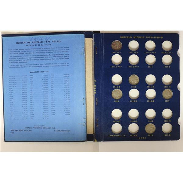 1913-1938 BUFFALO NICKEL ALBUM, 34 COINS IN