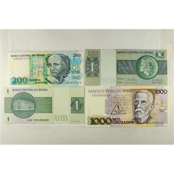 4 PIECES OF BRAZIL CURRENCY 2-1 CRUZEIRO, 1-