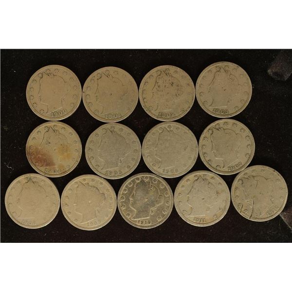 13-ALL DIFFERENT 1900-1912 LIBERTY "V" NICKELS