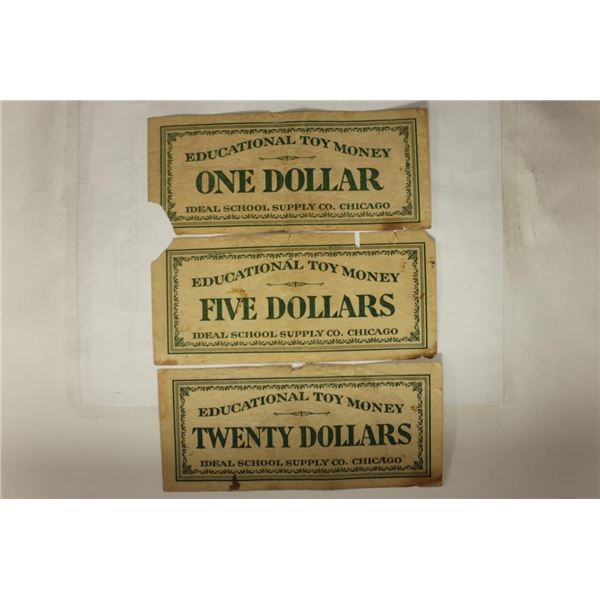 3 PIECES OF VINTAGE EDUCATIONAL TOY MONEY FROM