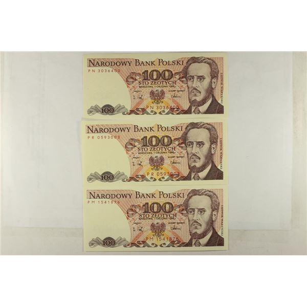 3-1988 POLISH 100 ZLOTYCH BILLS CRISP UNC