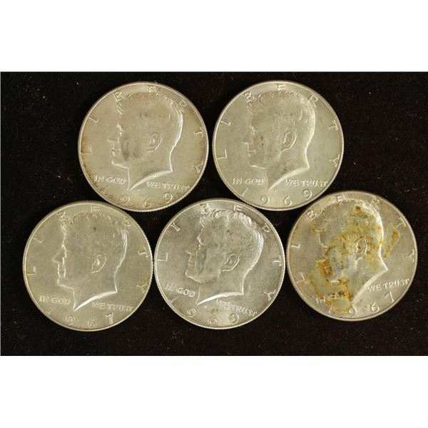 5 ASSORTED 1967-69 40% SILVER JOHN F. KENNEDY