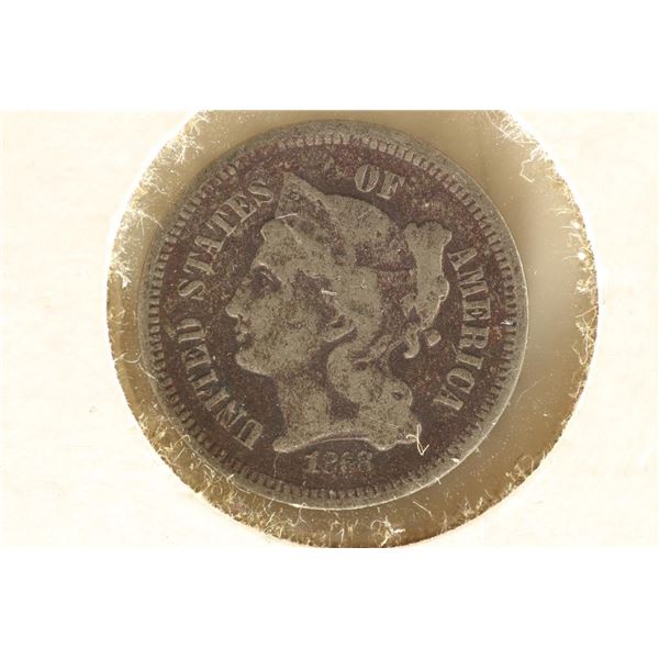 1868 THREE CENT PIECE (NICKEL) VERY GOOD