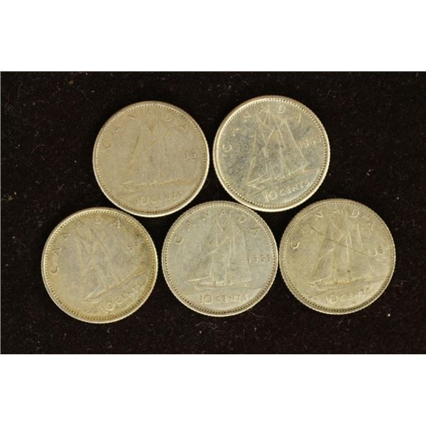 5 ASSORTED CANADA SILVER 10 CENTS