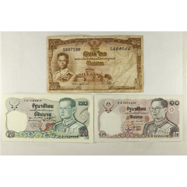 3 PIECES OF THAI CURRENCY 2-$10 BAHTS & 1-20 BAHTS