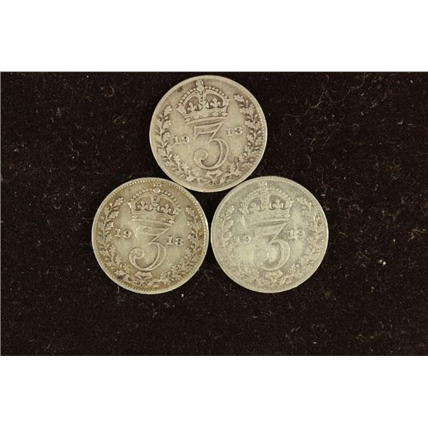 1913, 1918 & 1919 GREAT BRITAIN SILVER 3 PENCE