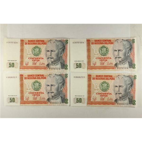 4 PIECES OF 1987 PERU FIFTY INTIS CRISP UNC