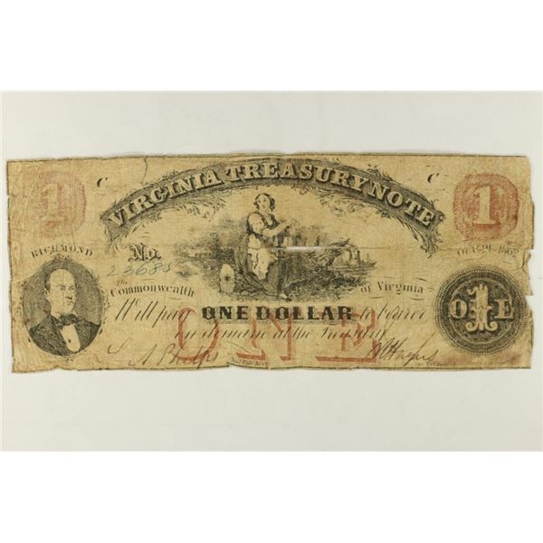 1862 VIRGINIA $1 TREASURY NOTE