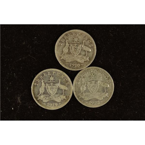 1910, 1919 & 1922 AUSTRALIA SILVER 3 PENCE