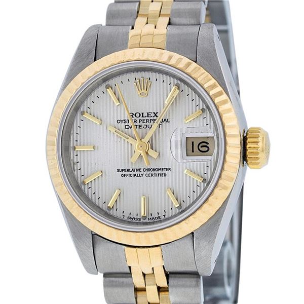 Rolex Ladies 2 Tone Silver Index Tapestry Fluted Datejust Wristwatch