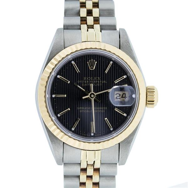 Rolex Ladies 2 Tone Factory Black Tapestry Datejust Wristwatch