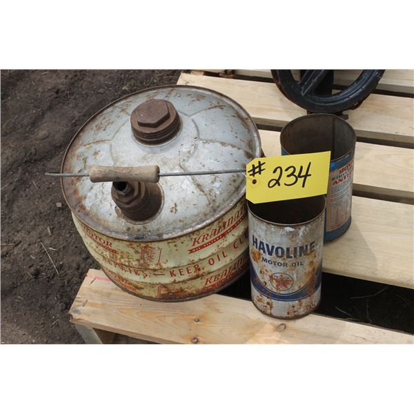 1 - KRALINATOR OIL CAN, 2- ANTIFREEZE TINS, 1 - ROYAL LITE TIN, 1 - LAVALENE TIN
