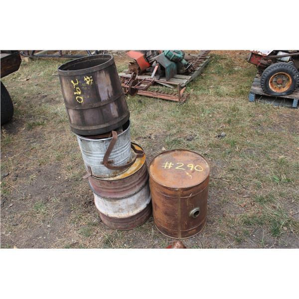1 - TIN BARREL, 1 - GAS TANK, 1- WOODEN KEG