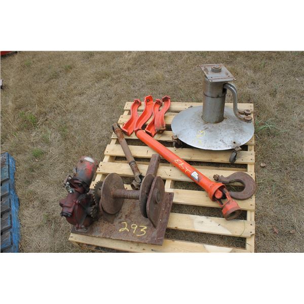 DRIVE WINCH, POWER TAKE OFF SHAFTS, BOTTOM OF A BARBER CHAIR & MISC.
