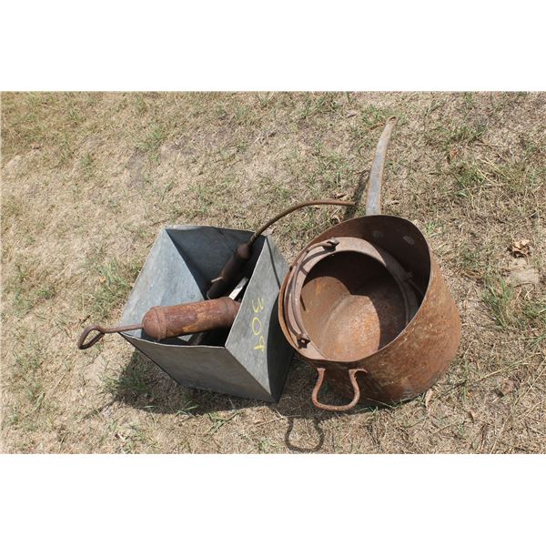MISC. GREASE GUNS IN TIN BOX, OLD COOK POT