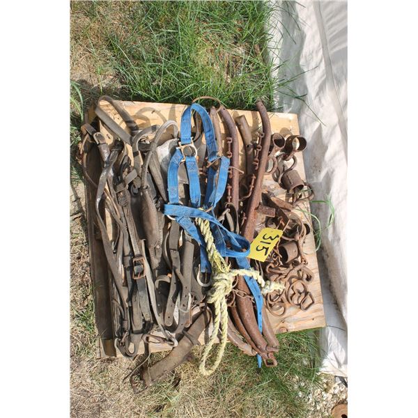 PALLET WITH HORSE HARNESSES, TRACES, LEAD, ROPES, COW KICKERS & NUMEROUS OTHER PIECES