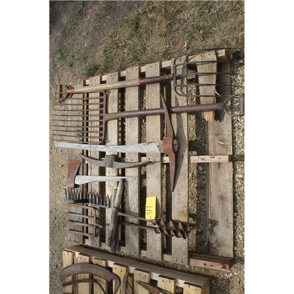 PALLET W/FORKS, AXES, PICKS, RAKES & MISC.