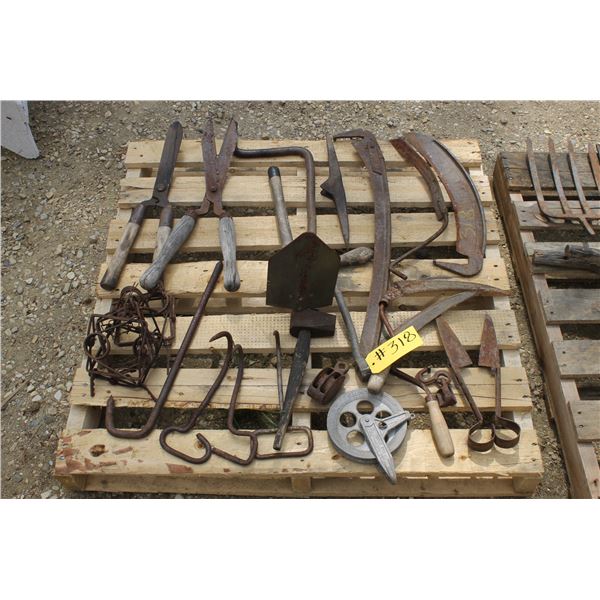 PALLET WITH SHEEP SHEARS, HAY HOOKS, TRAPS,PULLY'S, SCYTHE BLADE & MIC.