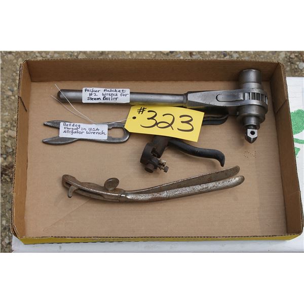 BULL DOG ALLIGATOR WRENCH, PACKER RATCHET, WRENCH FOR STEAM BOILER, RIVETER, MISC. TOOL
