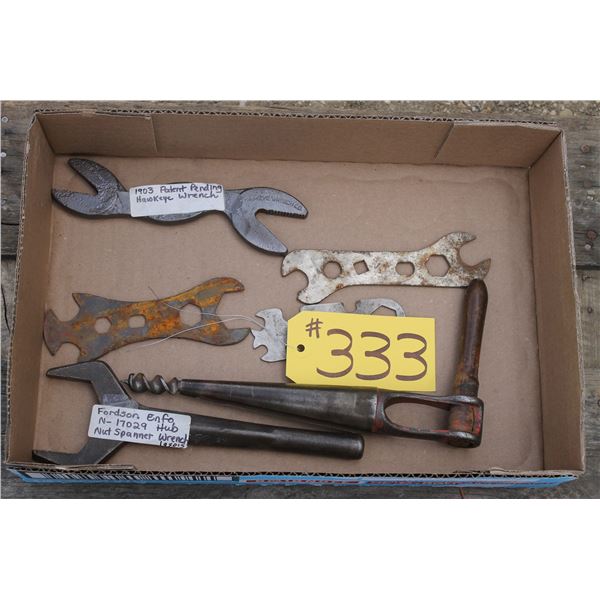3 - WRENCHES, 1903 HAWKEYE WRENCH,FORDSON NUT SPANNER WRENCH, WOOD TAPERING BIT