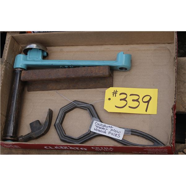 SEPARATOR HANDLE, HAMMER HEAD, COCKSHUTT TRACTOR PLOW WRENCH, MINI RAILROAD TIE
