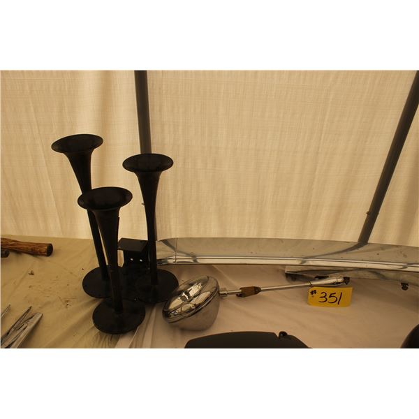 3 - CAR RADIOS, SPOTLIGHT, BLACK OOGA HORN - TRIPLE, CHROME VISOR FOR 1930'S VEHICLE