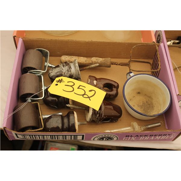 3 - ROLLER WHEELS FOR UNDER CHAIRS,5 INSULATORS, 1 - ENAMEL WATER CUP, POTATO MASHER,U.S. PATENTED 2