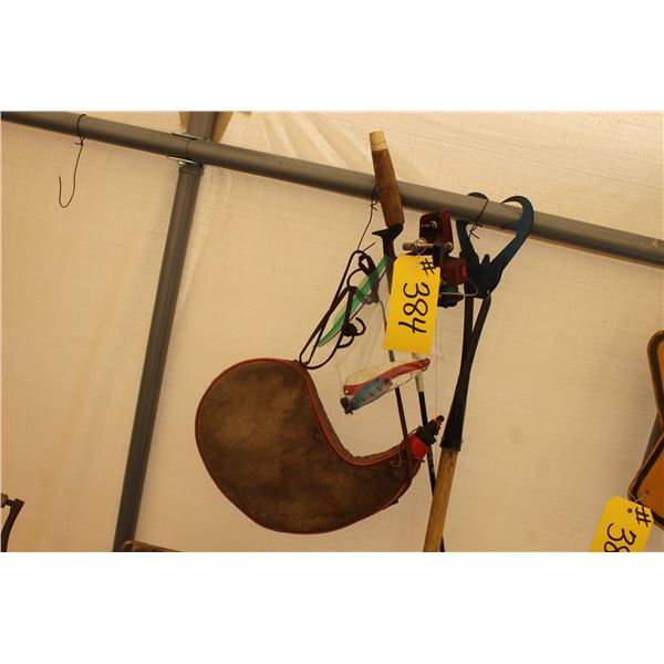 FISH GAFF, FISHING ROD W/SOME HOOKS,LEATHER BOTA WINESKIN BAG/CANTEEN