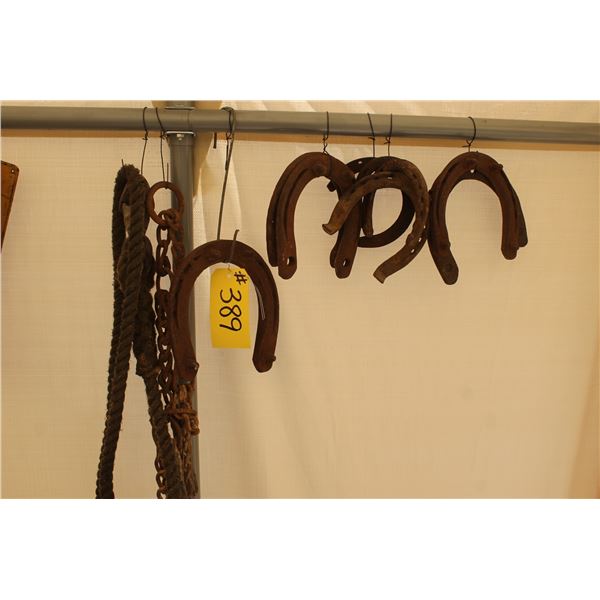 9 - HORSESHOES, ROPE FOR LEADING COW, CHAIN