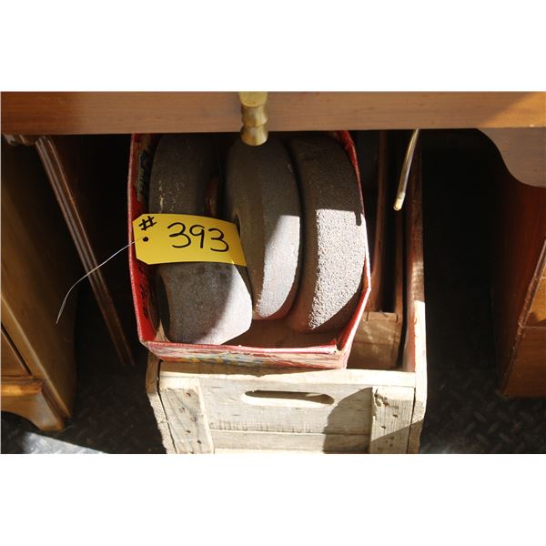 WOODEN CRATE OF: APPROX 12 - GRINDING STONES, APPROX 12 - WASHERS FOR GRINDING STONES