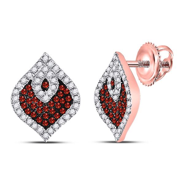 Round Red Color Enhanced Diamond Cluster Earrings 3/8 Cttw 10KT Rose Gold