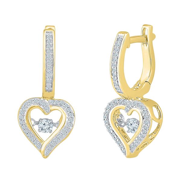 Round Diamond Heart Dangle Hoop Earrings 1/4 Cttw 10KT Yellow Gold