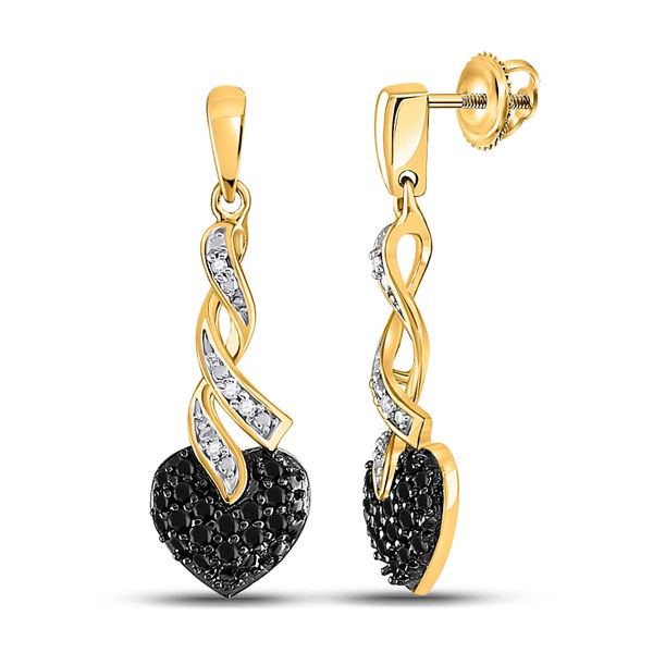 Round Black Color Enhanced Diamond Heart Earrings 1/5 Cttw 10KT Yellow Gold