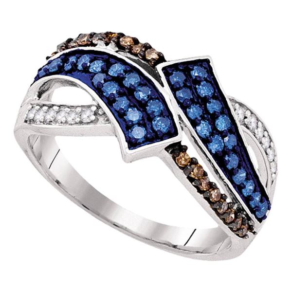 Round Blue Color Enhanced Diamond Bypass Crossover Band Ring 1/2 Cttw 10KT White Gold