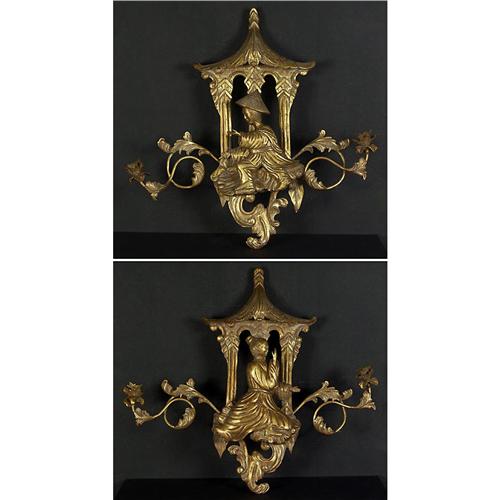 PAIR OF GILT WOOD ASIAN MOTIF WALL SCONCES