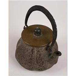 ASIAN CAST IRON TEAPOT MELON SHAPE BRONZE LID