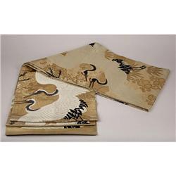 BLACK GOLD WHITE SILK OBI CRANES KIKU BLOSSOMS