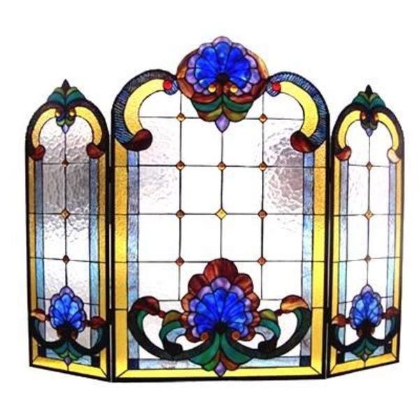 Victorian Tiffany-Style Stained Glass Folding Fireplace Screen