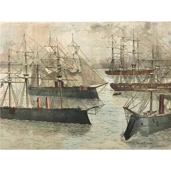 19thc Hand-colored Wood Engraving, Men-Of-War Ships