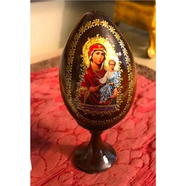 Russian Hand-painted Wooden Mary & Jesus Icon Egg