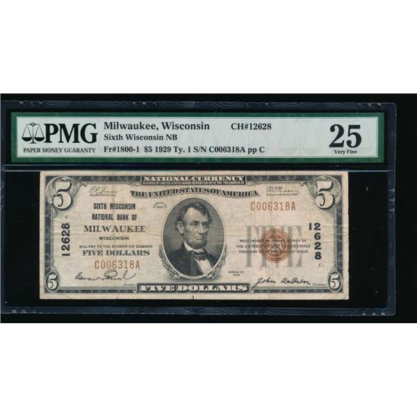 1929 $5 Milwaukee WI National PMG 25