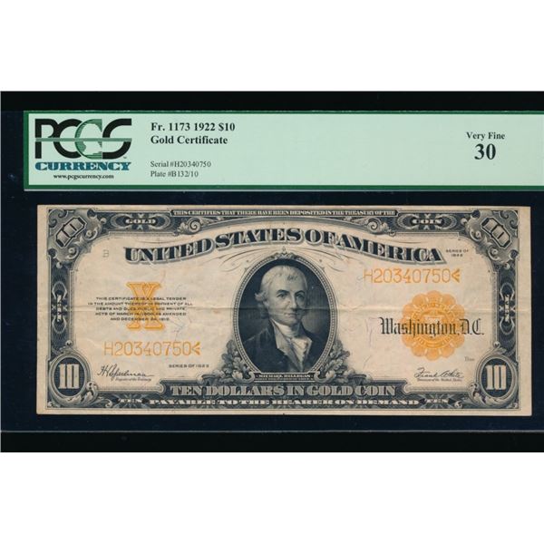 1922 $10 Gold Certificate PCGS 30