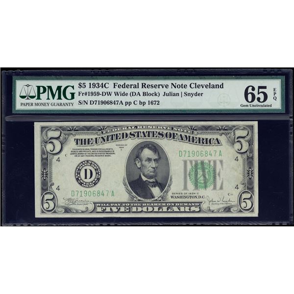 1934C $5 Cleveland FRN PMG 65EPQ